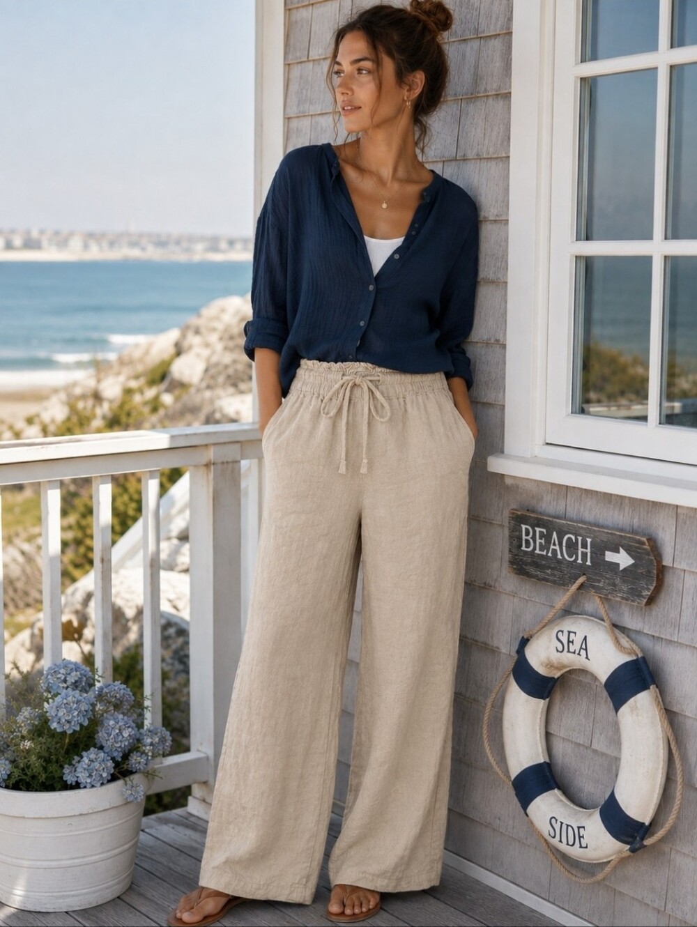 Michael Stars Beige Wide-Leg Drawstring Coastal Linen Elastic Waist Pants Large